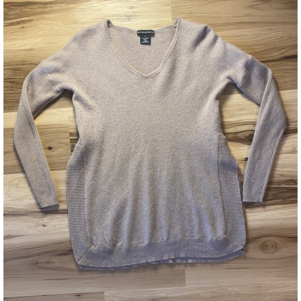 Sofia Cashmere Womens Taupe 100% Cashmere V-Neck Ribbed Side Panel Sweater Small